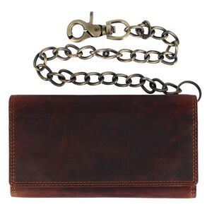CTM Men's Crazy Horse Leather Long Trifold Checkbook Chain Wallet